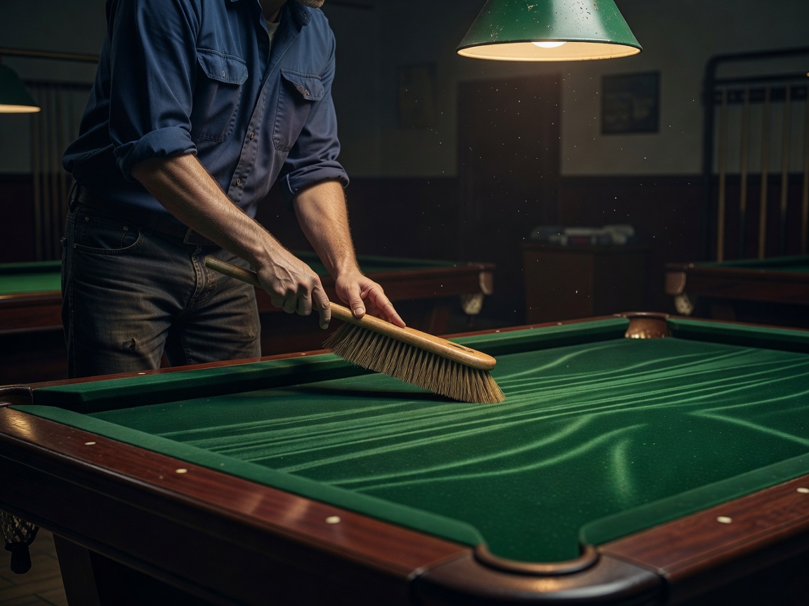 Brushing the green felt of a pool table